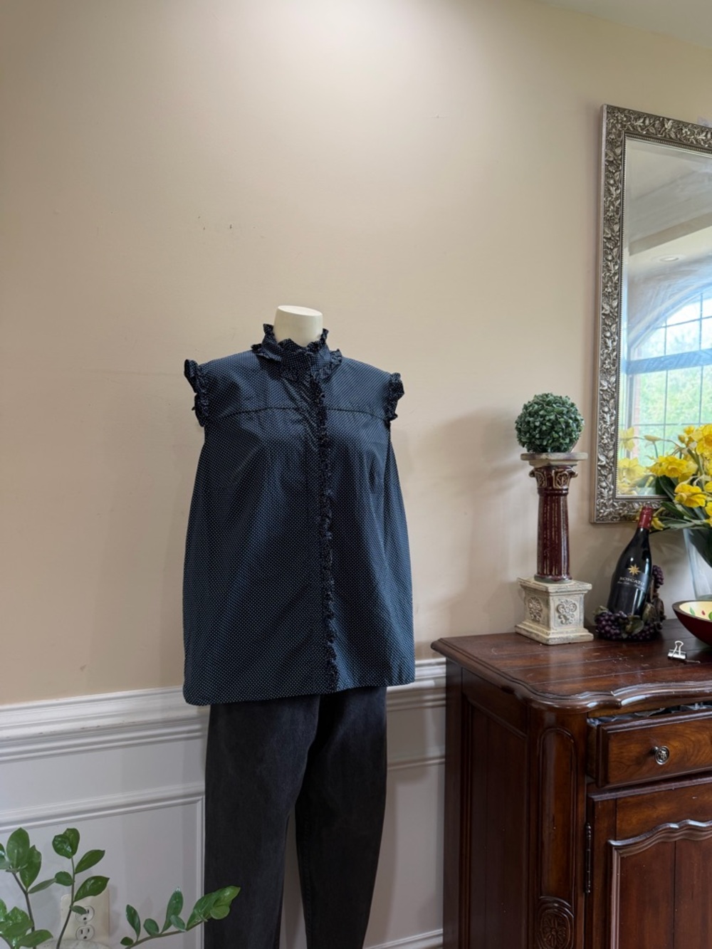 Erdem Navy Polka Dot Ruffled Sleeveless Blouse